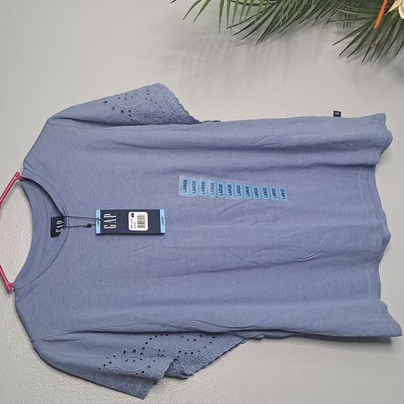 Gap Women's Eyelet Short Sleeve Shirt in English Manor Blue Sz Large - Picture 4 of 9